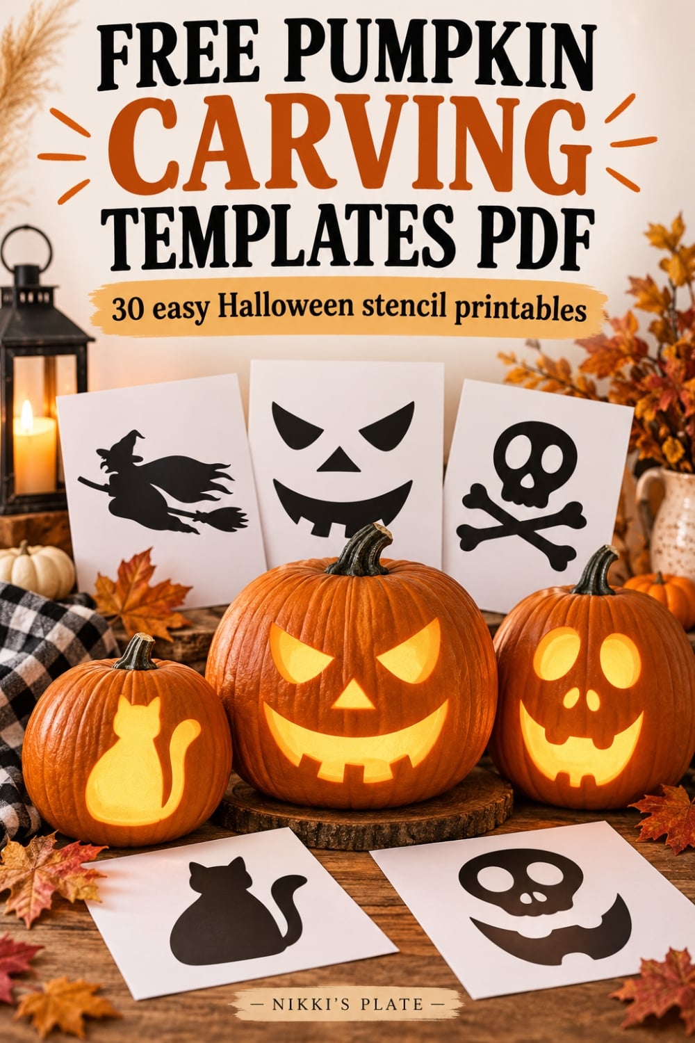 Free pumpkin carving templates PDF with printable Halloween stencils and glowing carved pumpkins for easy jack-o-lantern ideas.