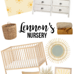 mood board for Boho Yellow Nursery with Sunshine Wallpaper (Gender Neutral); our beautiful yellow bohemian nursery design for our daughter! White board and batten, and ruttan textures!