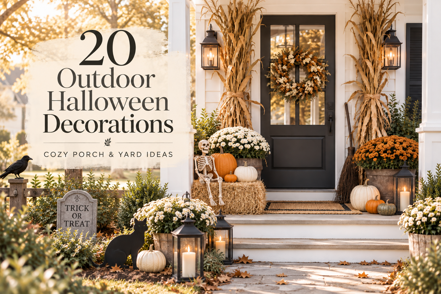 Cozy farmhouse porch with pumpkins, mums, cornstalks, lanterns and family-friendly outdoor Halloween decorations.