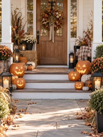 Glowing jack-o-lanterns lining farmhouse porch steps with pumpkins, mums and lanterns for outdoor Halloween decorations.