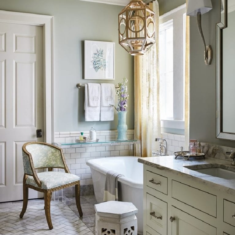 Bathroom with Benjamin Moore Quiet Moments Paint Color: pale blue paint color inspiration for a tranquil and serene room.