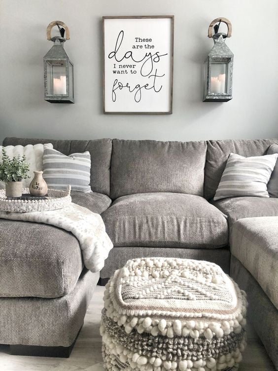 Grey Modern Farmhouse Living Room Ideas; grey sectional, word signs