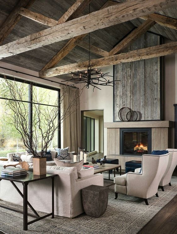Grey Modern Farmhouse Living Room Ideas; grey toned woods in a rustic living room 