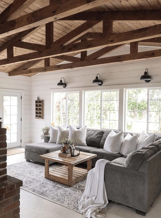Grey Modern Farmhouse Living Room Ideas; large grey house, wood beams, large windows, small space