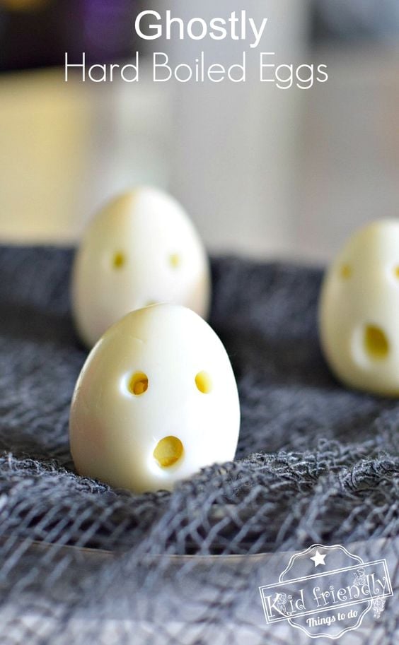 Ghost Hardboiled Eggs || 15 Healthy Halloween Treats Toddlers Will Love; Looking for healthy Halloween snacks for kids? Here are many favourite healthy halloween recipes for toddlers!