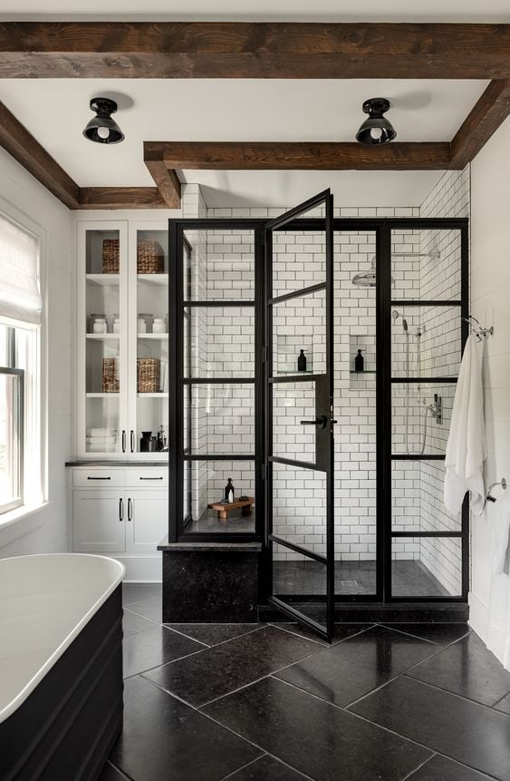 20 BEST Modern Farmhouse Flooring Ideas; black bathroom tile floors