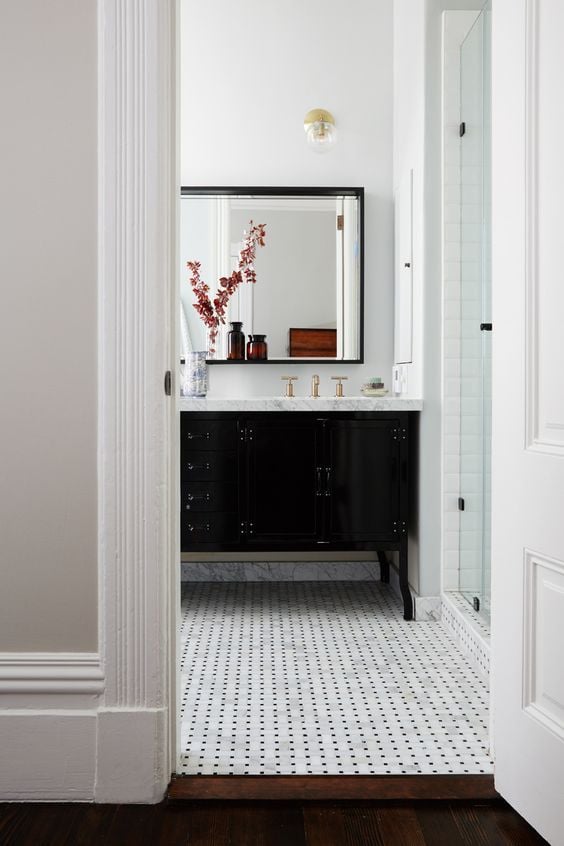 20 BEST Modern Farmhouse Flooring Ideas; black and white Mosaic tile floor