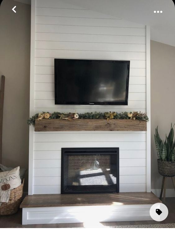 White Shiplap Fireplace with Rustic Mantel
