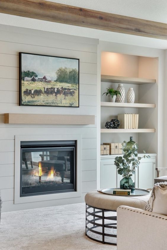 Hanson Builders Hillcrest Fireplace, Grey Shiplap, Rustic Wood Ceiling Beams, Stained wood floating shelves. Fireplace wall.