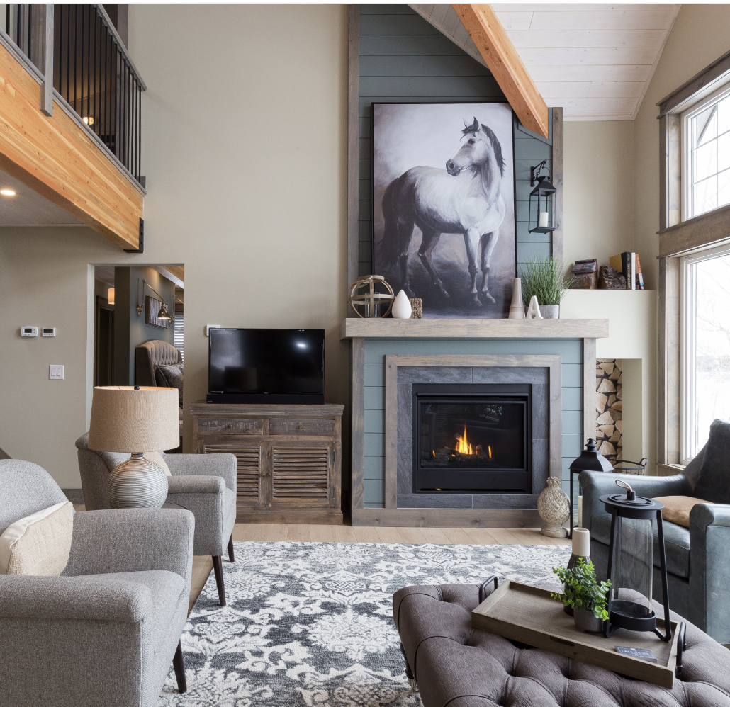 Grey Modern Farmhouse Living Room Ideas; large farmhouse open concept beige floor living room design in Toronto with beige walls, a ribbon fireplace and a tile fireplace