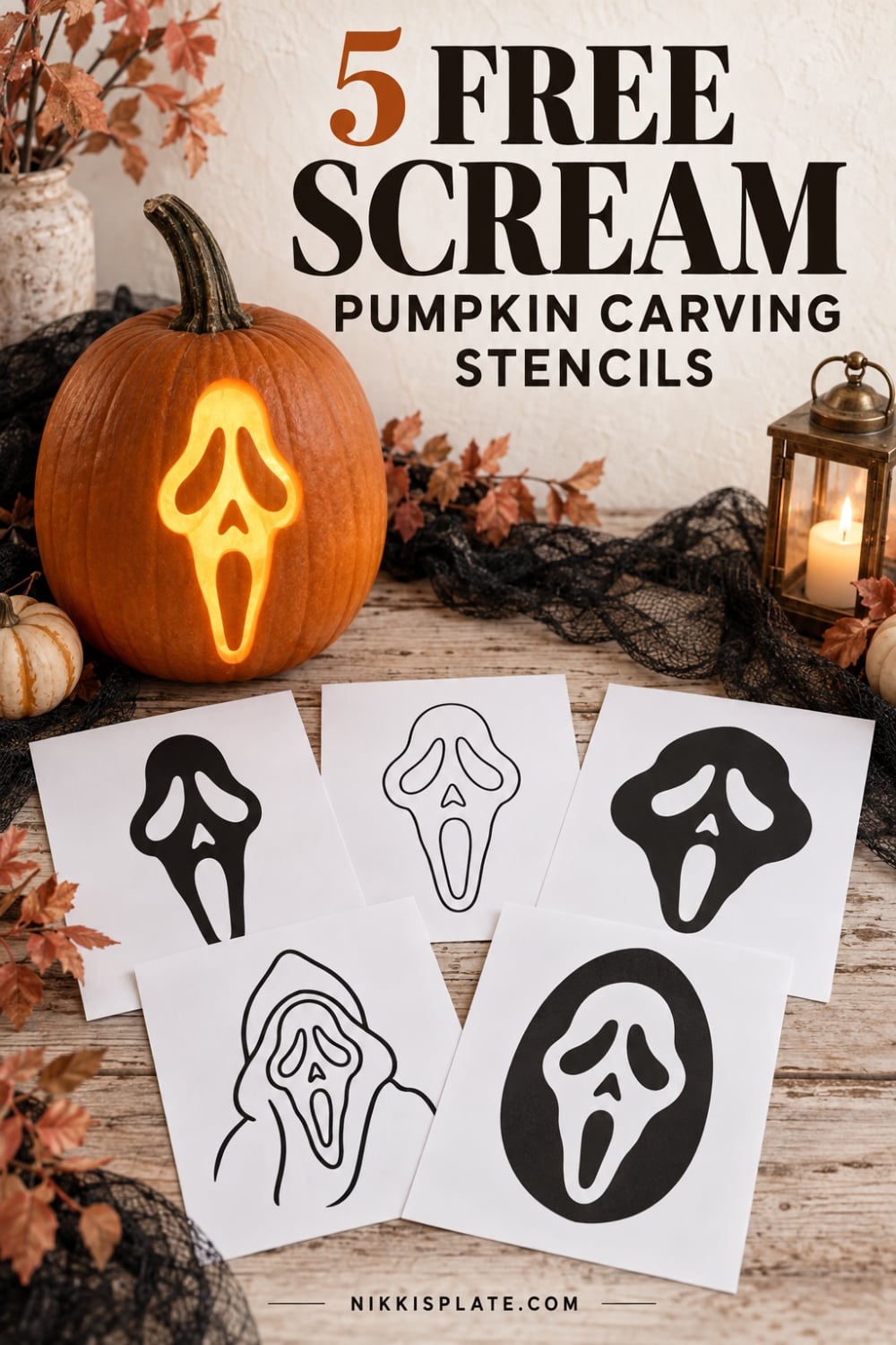 Download five free Scream pumpkin carving stencils, print your favorite design, and follow the step-by-step tips for carving or etching a spooky Halloween pumpkin.