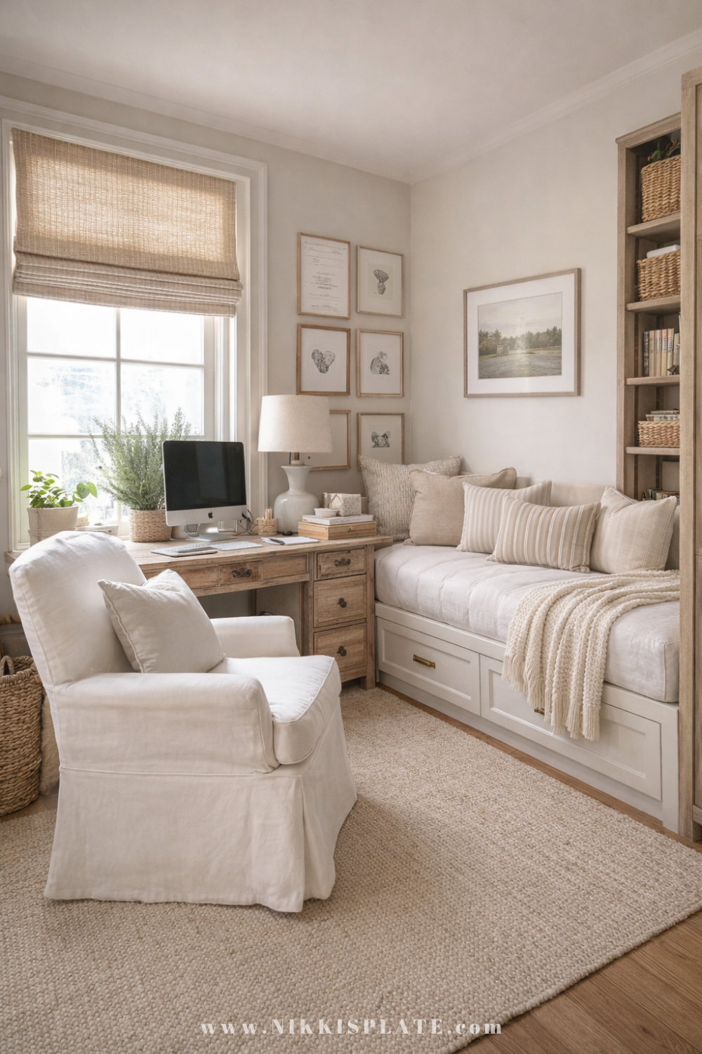 Small farmhouse office with daybed styled as a guest room combo featuring a rustic wood desk, neutral bedding, woven textures, and soft natural light.