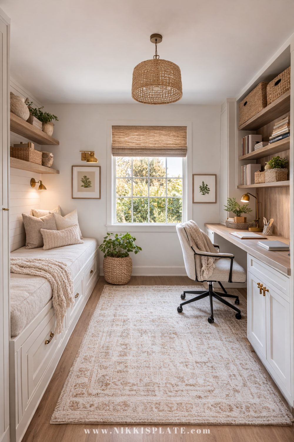 Small neutral office with daybed styled as a home office guest room combo featuring built-in desk, floating wood shelves, woven light fixture, and layered neutral bedding.