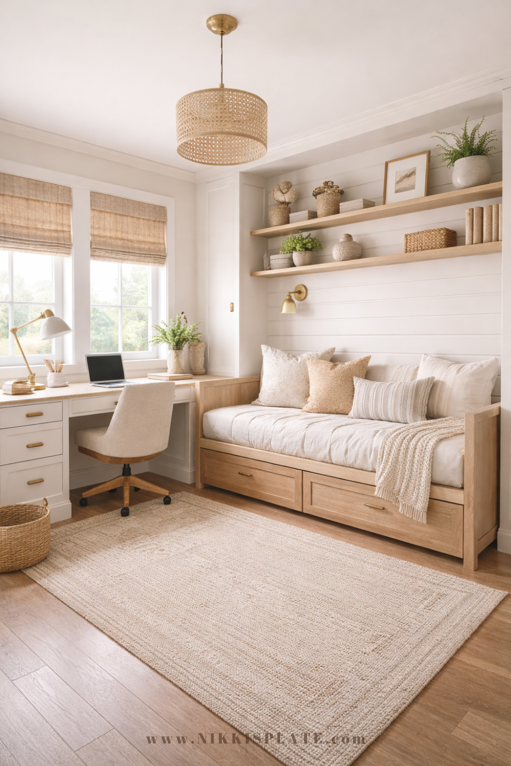 Modern farmhouse office with daybed styled as a home office guest room combo featuring built-in desk, floating wood shelves, and neutral decor.