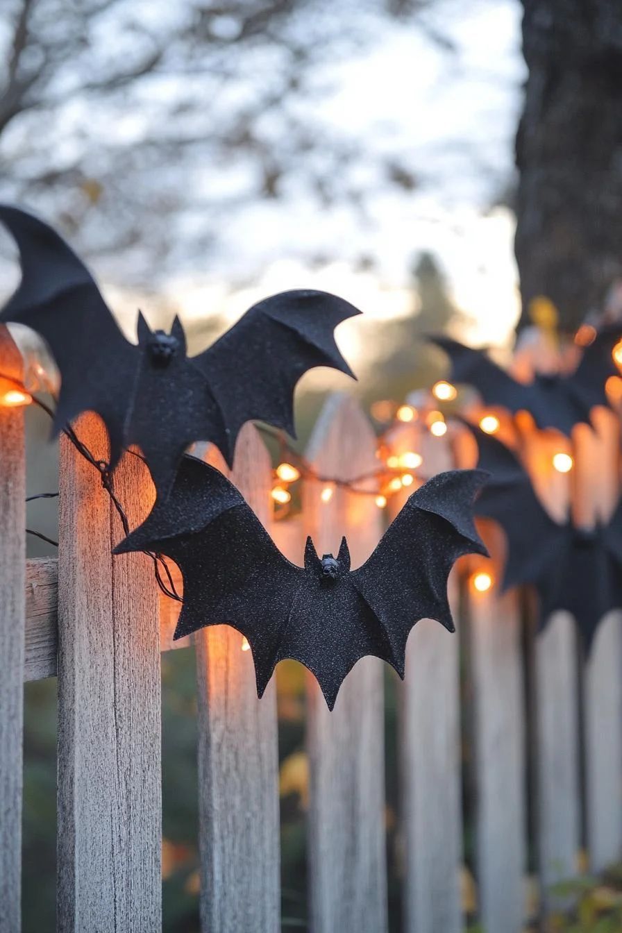 Glittery black Halloween bat decorations attached to a wooden fence with orange string lights.