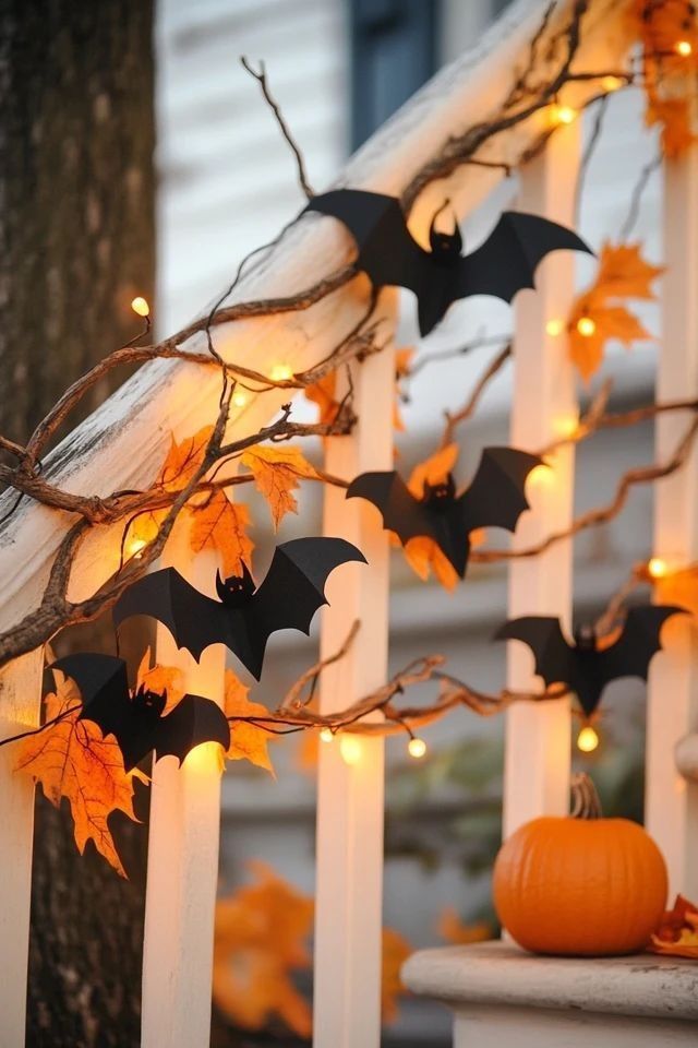 Black paper bats and orange string lights decorating a white porch railing with fall leaves and a pumpkin.
