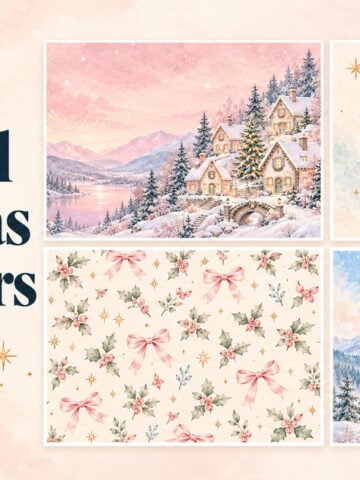 Four pastel Christmas wallpaper previews featuring a pink snowy village, mint tree, bows and holly, and blue winter forest beside