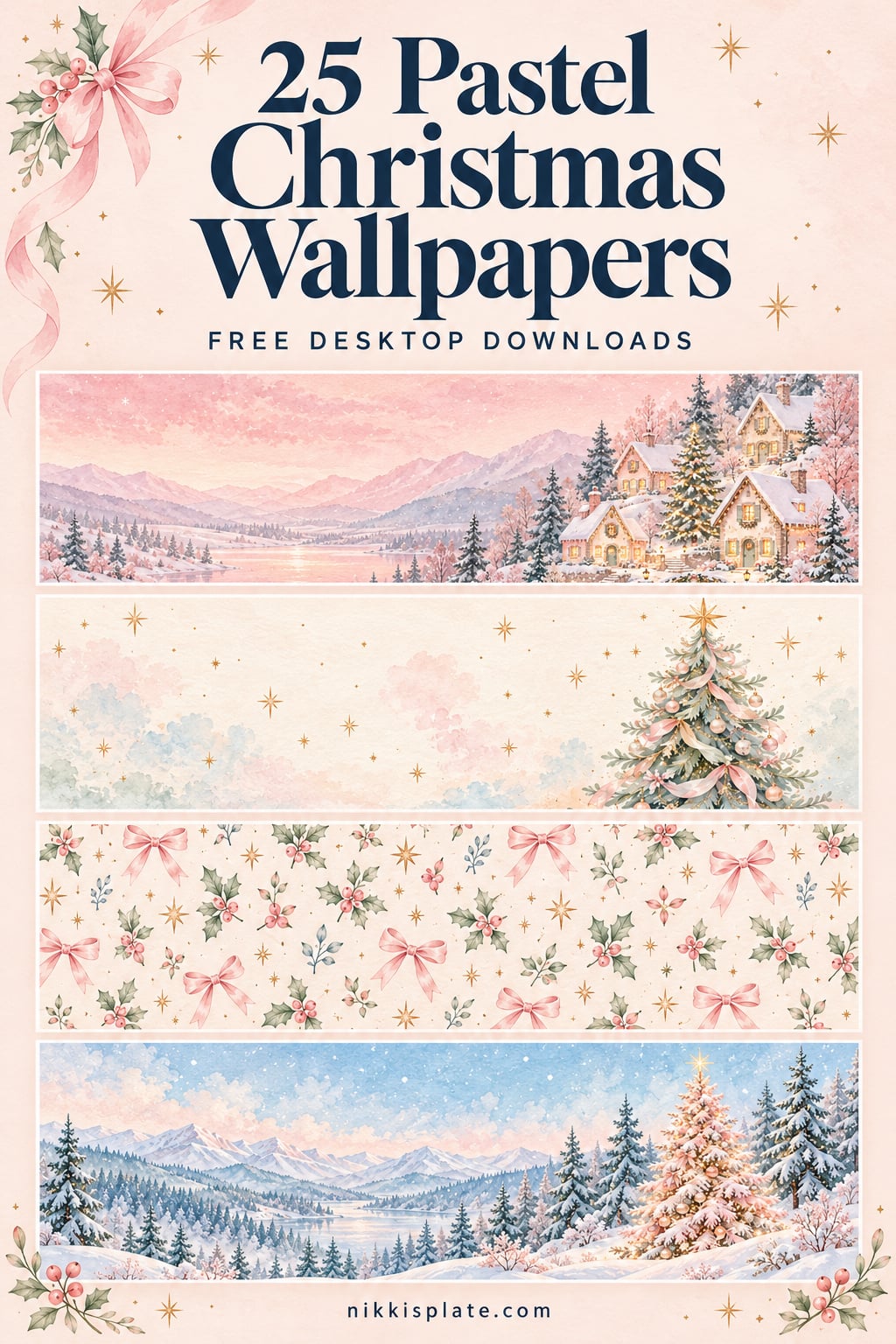 Pastel Christmas wallpaper collage featuring a snowy pink village, mint Christmas tree, pink bows and holly, and blue winter forest beneath