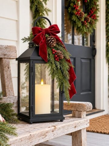 Black Christmas lantern with a red velvet bow, evergreen greenery, and a glowing flameless candle on a farmhouse porch bench.