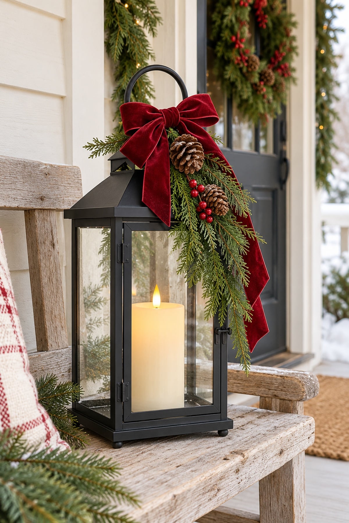 Black Christmas lantern with a red velvet bow, evergreen greenery, pinecones, and a flameless candle on a rustic farmhouse porch bench.