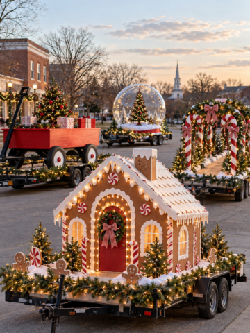 Four Christmas parade floats featuring a gingerbread house, toy wagon, candy cane arch and snow globe display