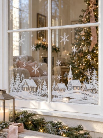 White painted village and snowflakes on a Christmas window beside a softly lit tree.