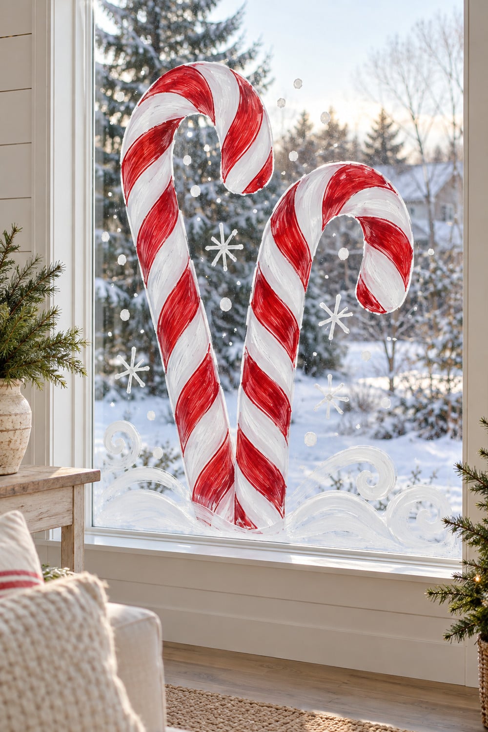Two oversized red and white candy canes painted on a Christmas window with snowflakes.