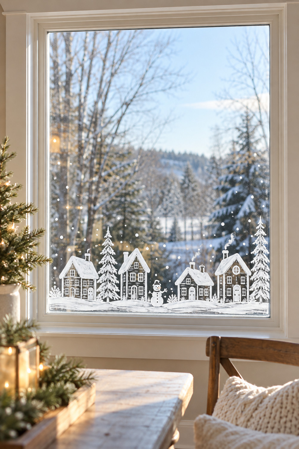 White snowy village with four houses, tall trees, and a small snowman painted along the bottom of a Christmas window.