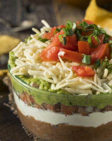 7-Layered Mexican Dip Appetizer; refried beans mixture, sour cream, salsa, guacamole, cheese, tomatoes, and green onions!