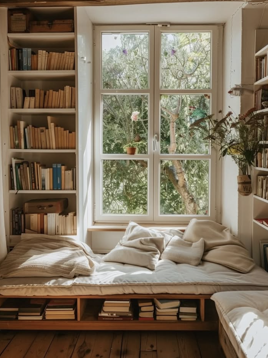 Home library nook with built-in shelves, window seat, and cozy cushions in natural light