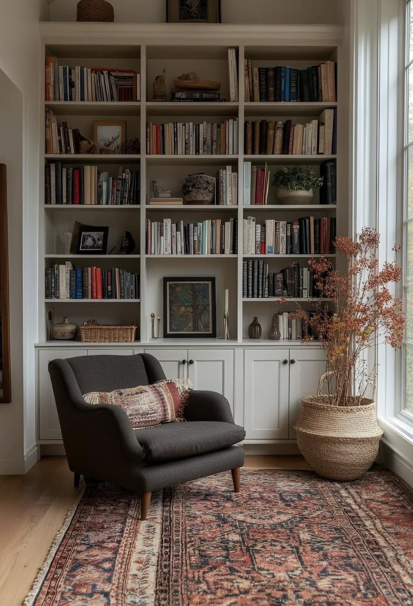 Cozy home library with white built-in bookshelves, dark armchair, and large window