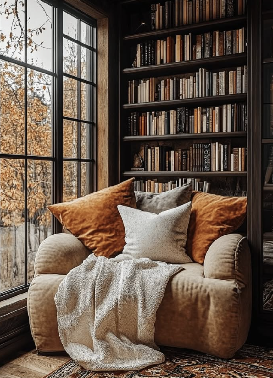 Cozy home library nook with oversized chair, pillows, blanket, and wall of books by a large window