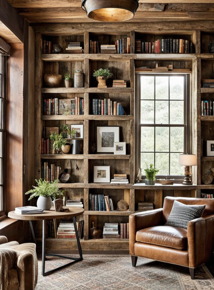 Rustic home library with reclaimed wood shelves, leather armchair, and natural light