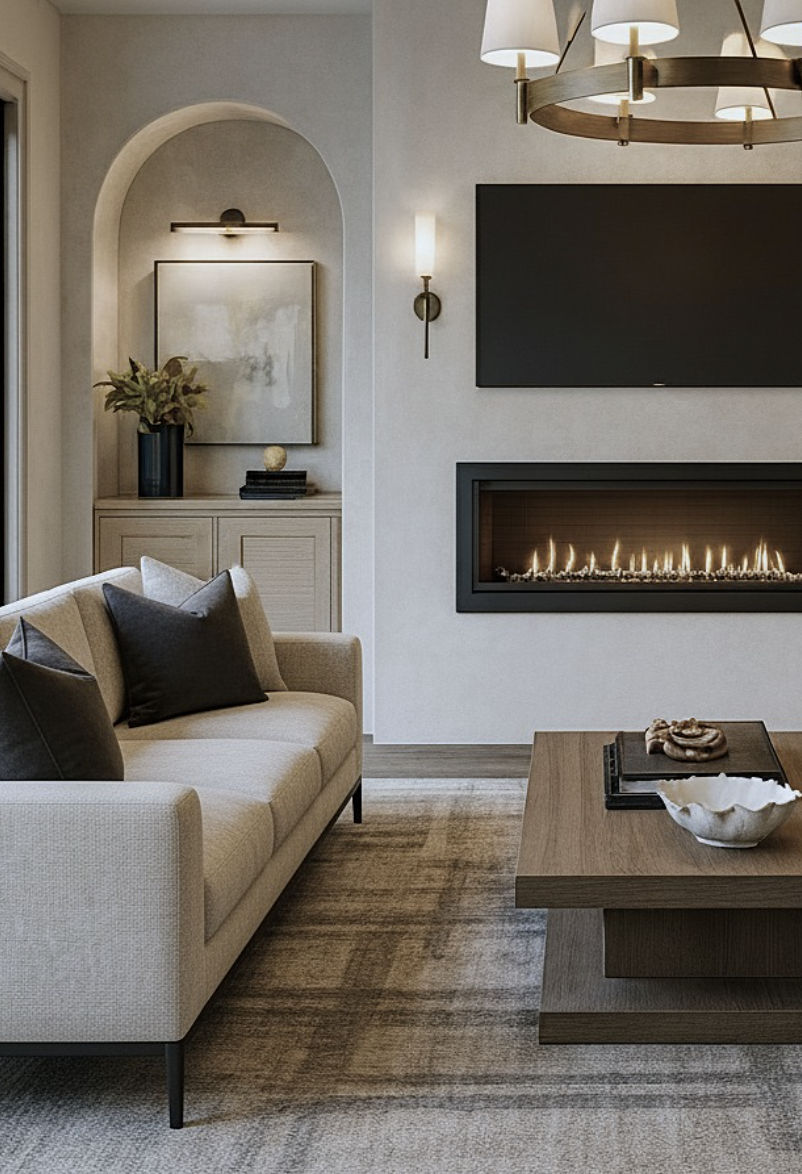 Modern living room with linear gas fireplace and wall-mounted TV above, neutral decor and brass lighting