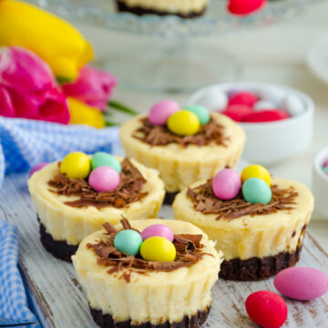 Easter Brownie Cheesecake Birds Nests; brownie crust, creamy cheesecake filling topped with mini eggs for a delicious Easter dessert recipe! Easter mini brownie cheesecake Bird's Nest with chocolate and candy eggs. Easter dessert. Funny food idea for children.