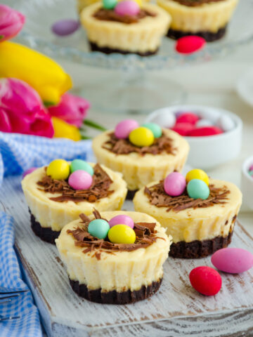 Easter Brownie Cheesecake Birds Nests; brownie crust, creamy cheesecake filling topped with mini eggs for a delicious Easter dessert recipe! Easter mini brownie cheesecake Bird's Nest with chocolate and candy eggs. Easter dessert. Funny food idea for children.