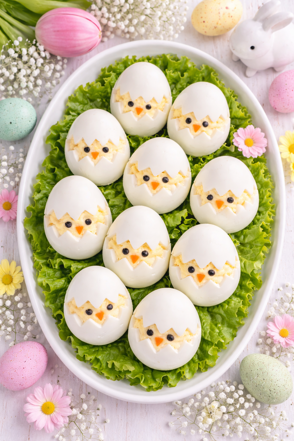 Bird's-eye view of Easter deviled egg chicks arranged on lettuce in a white serving platter with pastel eggs and spring flowers.