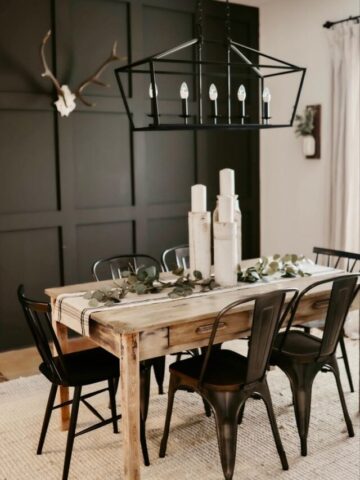 Tips to Design a Beautiful Dining Room Around a Farmhouse Table; Here are some helpful tricks to use when designing your rustic farmhouse dining room!
