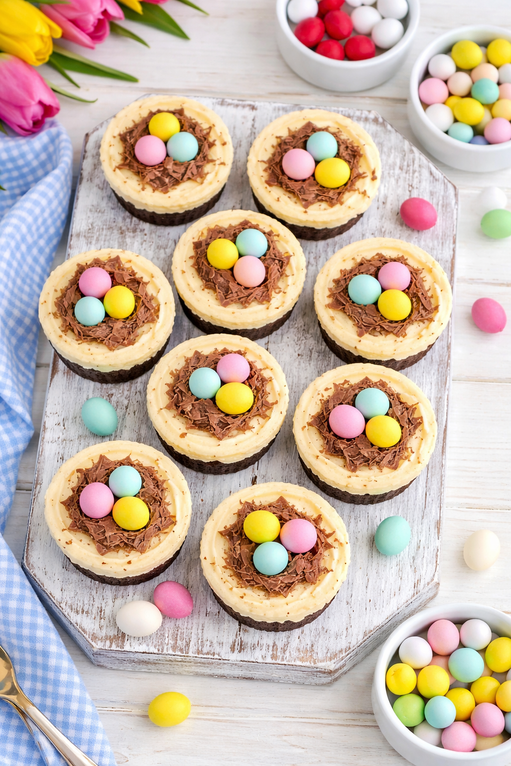 Bird's eye view of Easter brownie cheesecake birds nests topped with chocolate shavings and pastel mini eggs on a rustic wooden board.
