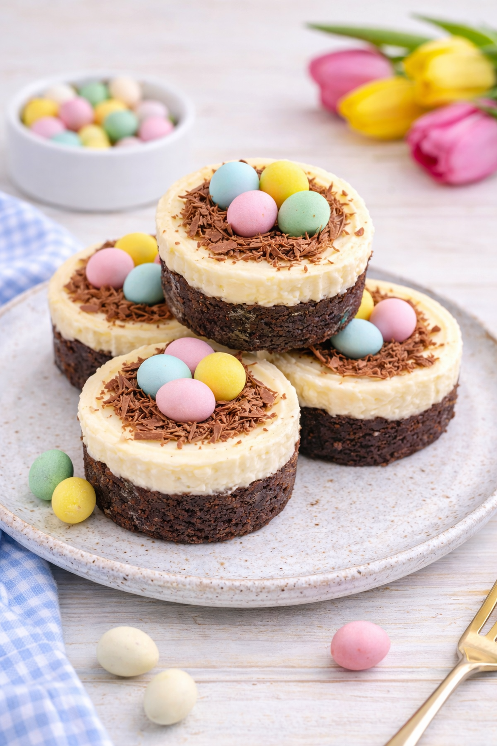 Easter brownie cheesecake birds nests stacked on a ceramic plate topped with chocolate shavings and pastel mini eggs.