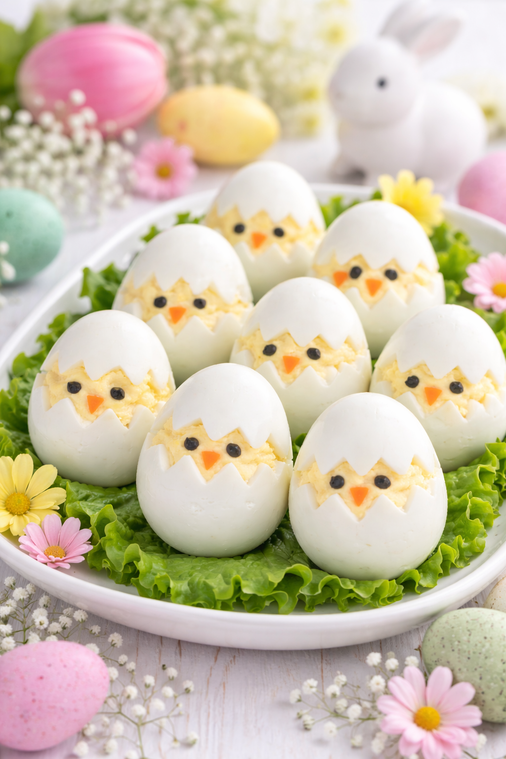 Easter deviled egg chicks arranged on a white serving tray with lettuce, pastel eggs, and spring decorations in the background.