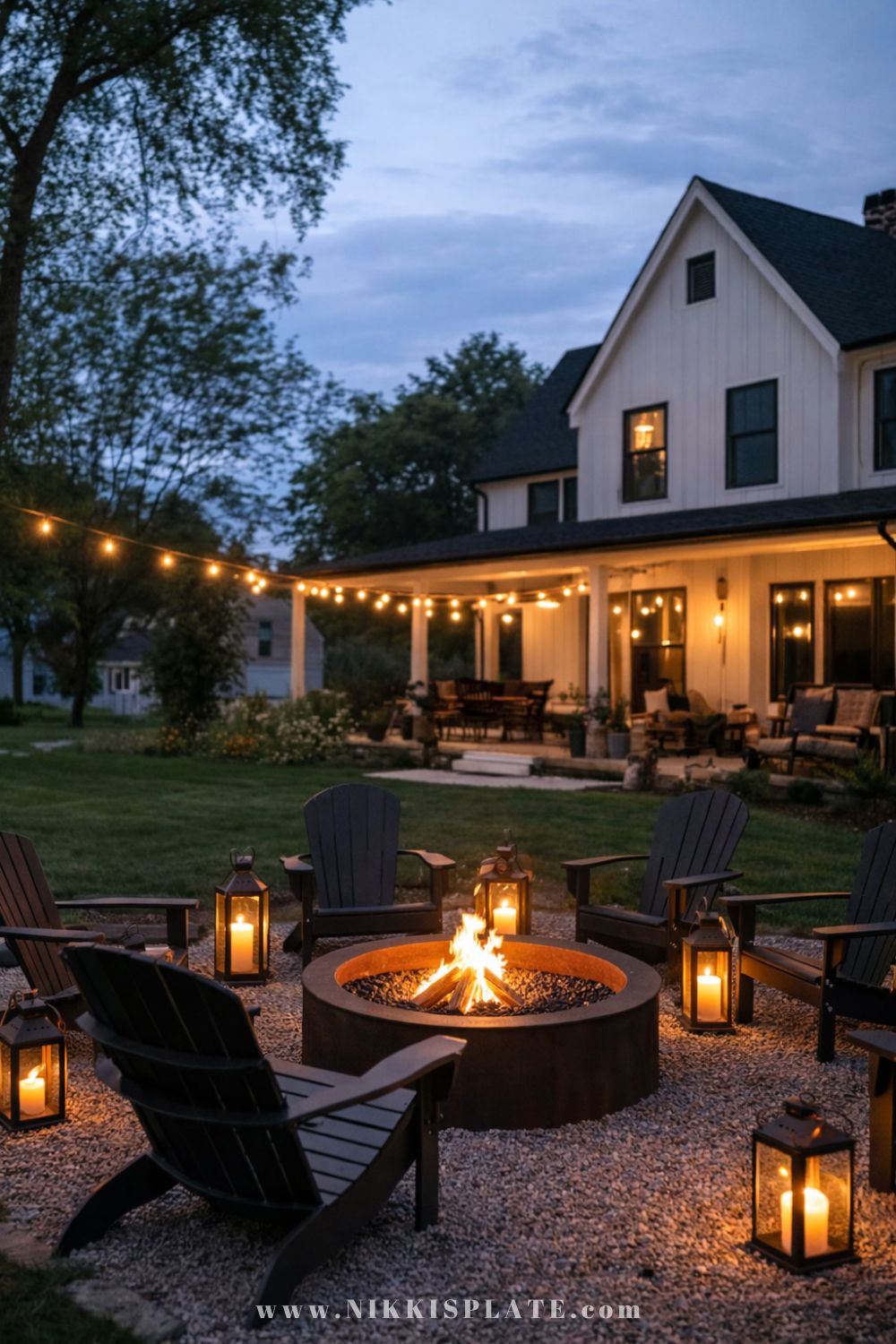 Farmhouse style rustic fire pit with lantern lighting, Adirondack chairs, and gravel patio