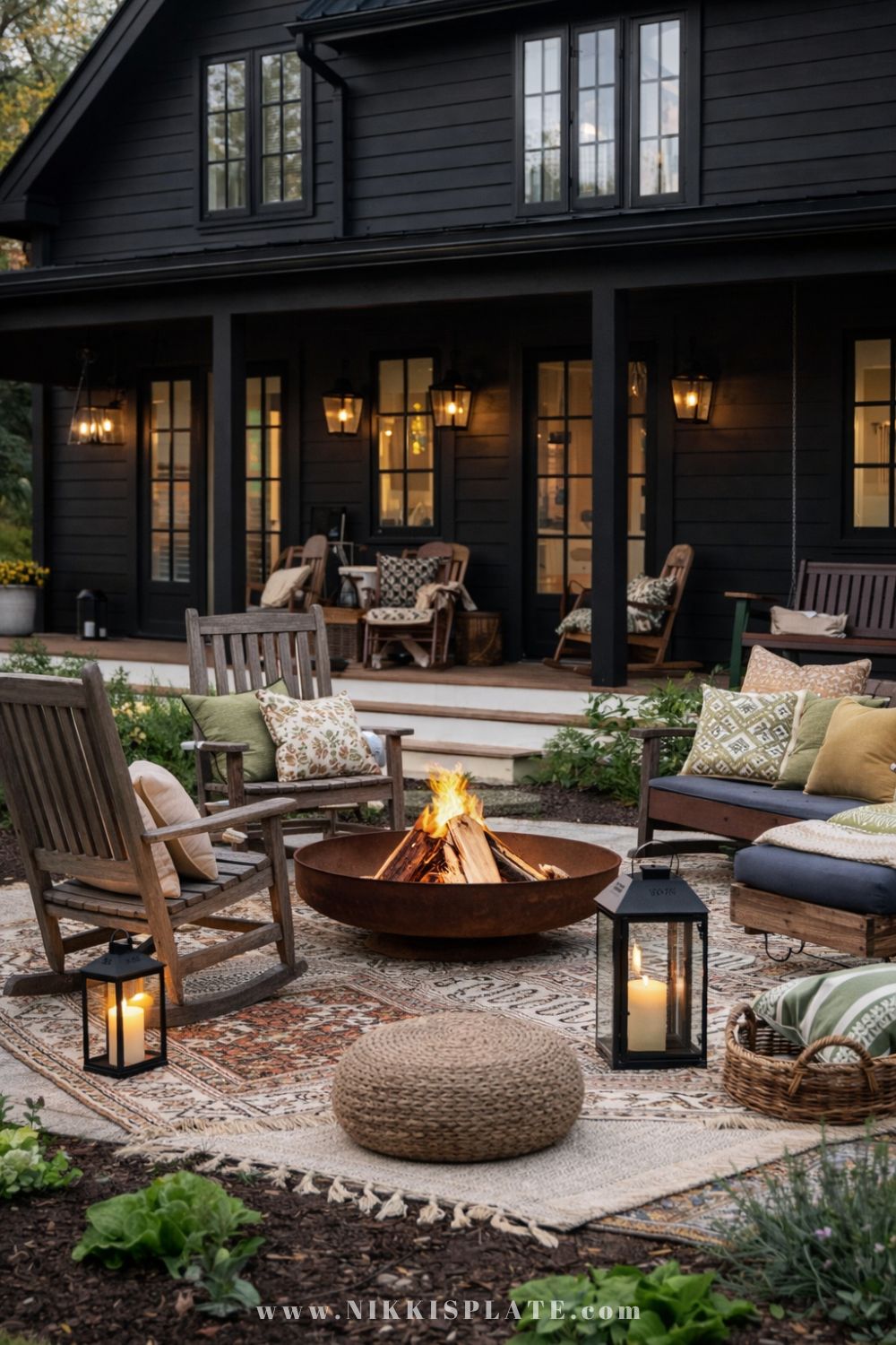 Farmhouse rustic fire pit with outdoor rugs, pillows, lantern lighting, and black farmhouse exterior