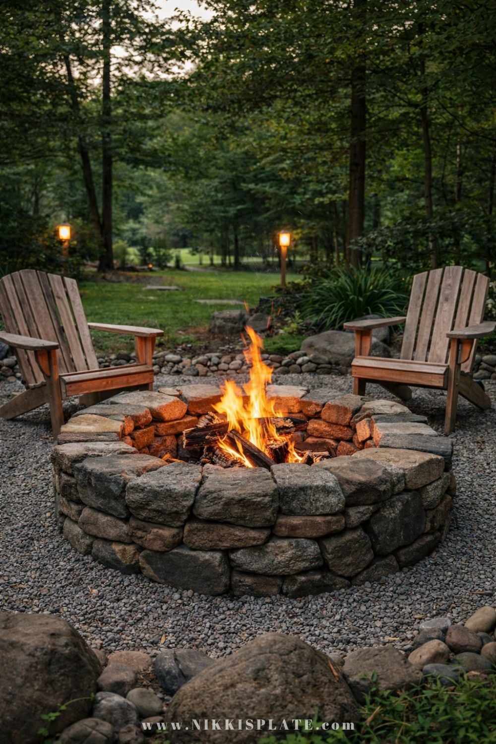 Natural fieldstone rustic fire pit in a backyard with Adirondack chairs and gravel patio