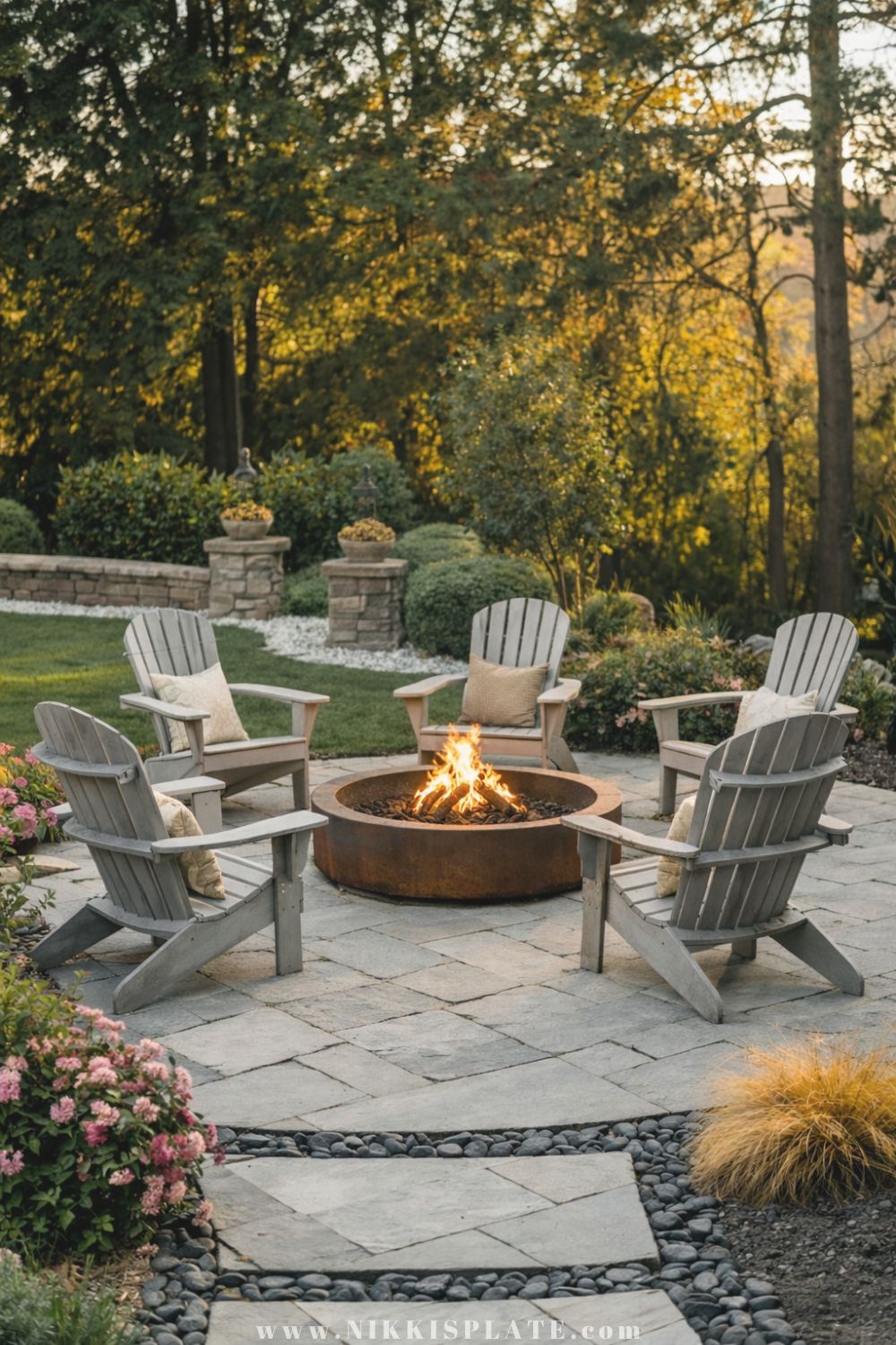 Small minimalist rustic fire pit surrounded by Adirondack chairs on a stone patio in a cozy backyard setting.