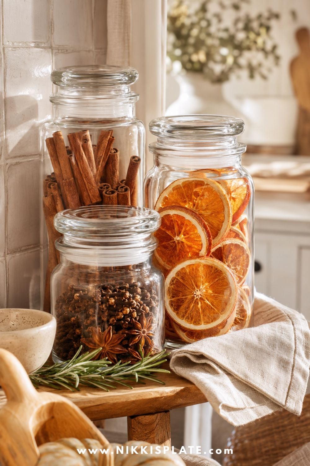 Clear glass kitchen jars filled with cinnamon sticks, dried orange slices, cloves and star anise styled with natural linen, rosemary and warm wood.