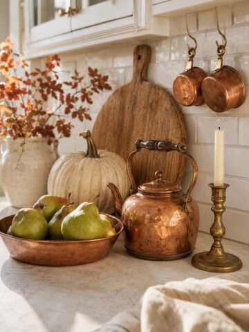 These cozy fall kitchen decor ideas will help you bring warmth and seasonal charm into the heart of your home. From simple countertop displays and fall kitchen island decor to autumn branches, cozy linens and vintage accents, there are plenty of easy ways to decorate your kitchen without making it feel cluttered.