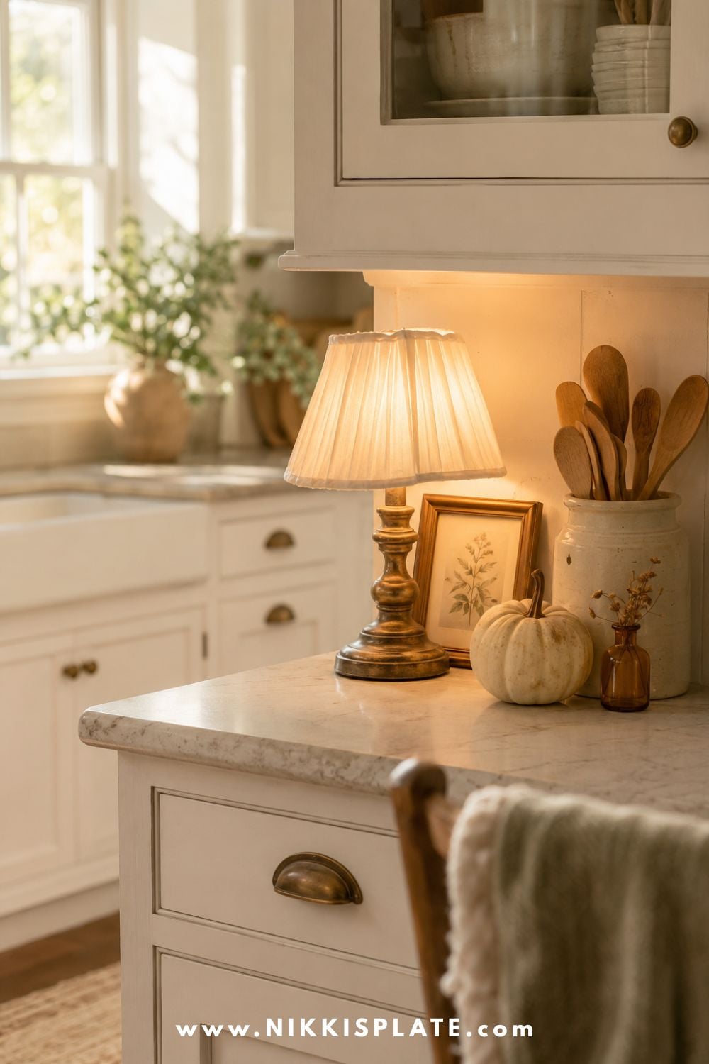 Small pleated countertop lamp casting a warm glow beside a botanical print, wooden utensils, amber stems and a pale pumpkin in a bright fall kitchen.