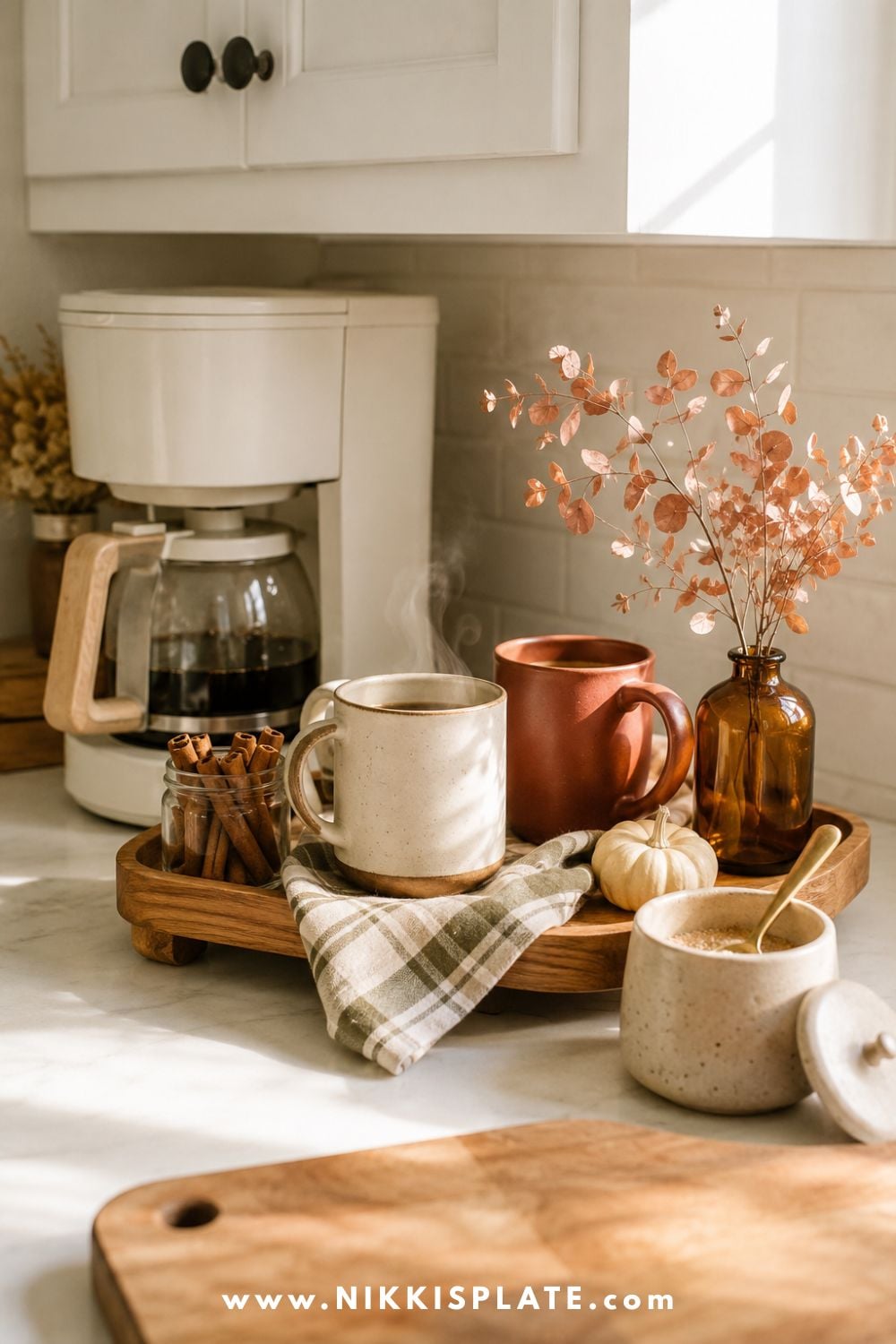 Cozy fall coffee station decorated with cream and rust pottery mugs, cinnamon sticks, a plaid linen towel, amber stems and a miniature pumpkin.