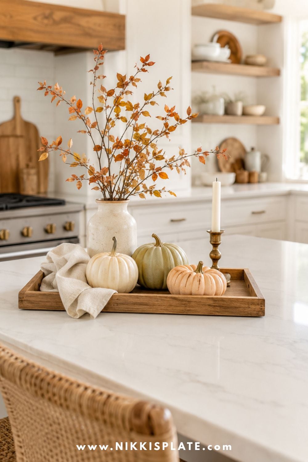 Movable fall kitchen island centerpiece with autumn branches, cream and sage heirloom pumpkins, an ivory taper and folded linen arranged on a warm wood tray.